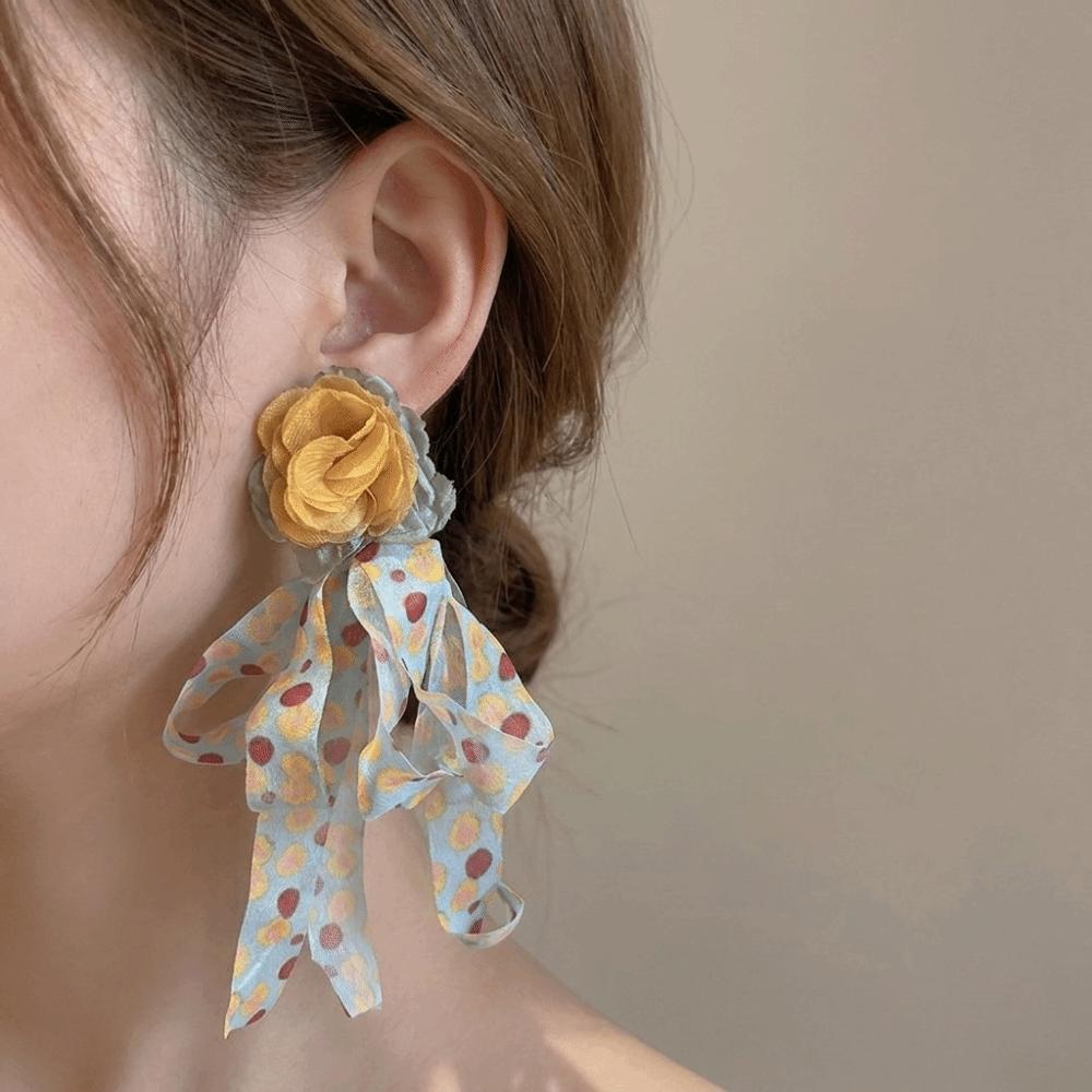 Fabric Chiffon Petal Drop Earrings Sweet Boho Style Earrings Pastoral Setting