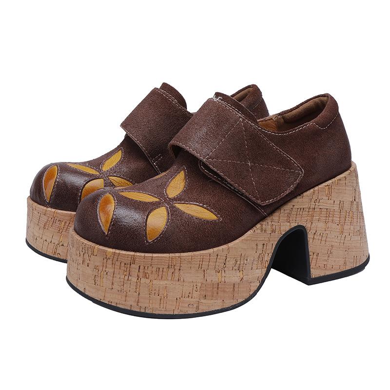 

Johnature Туфли-лодочки из натуральной кожи на толстой подошве, женские туфли с круглым носком, модные туфли на высоком каблуке и платформе 39 кофейный