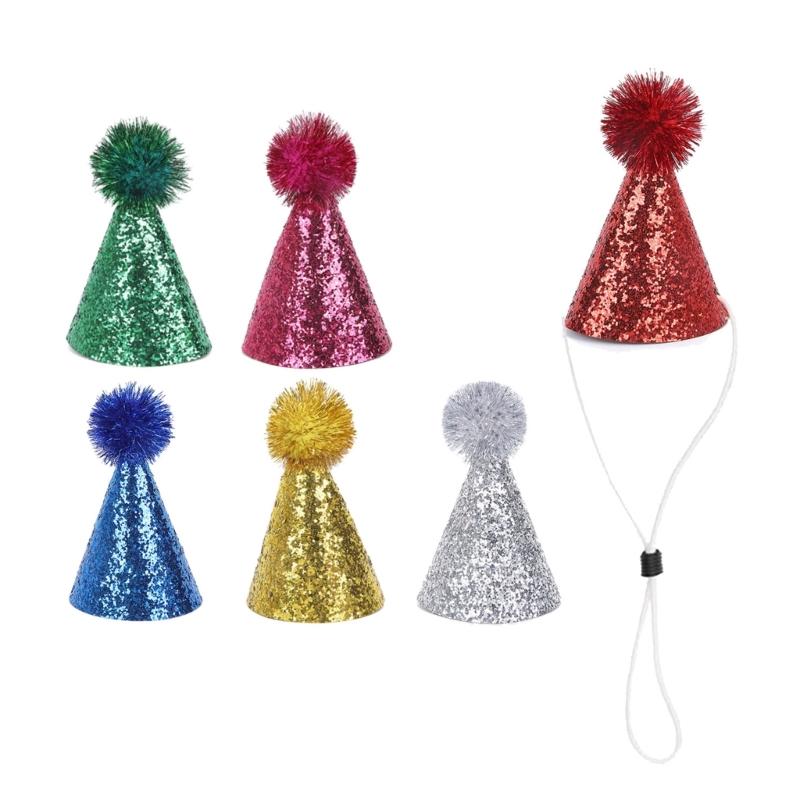 J0MC 6pcs Glittering Powder Pet Party Hat With Adjustable Rope For Party PhotoShoots Cats Dog Festival Costume Accessory