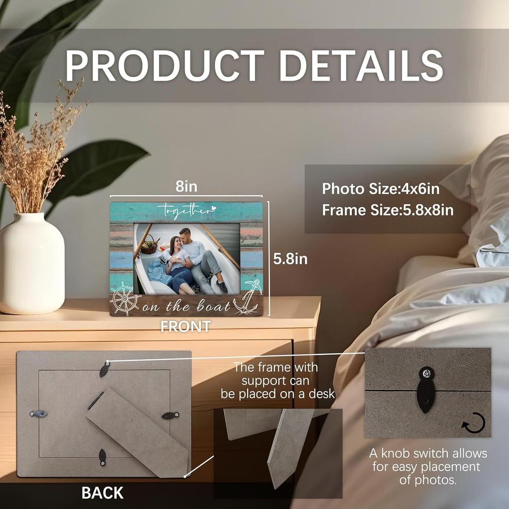 Together on the Boat 4x6 Picture Frame, Boat Lovers Captain Owner Gifts Wooden Picture Frame, Boating Gifts for Women Men, Nautical Anchor Rudder