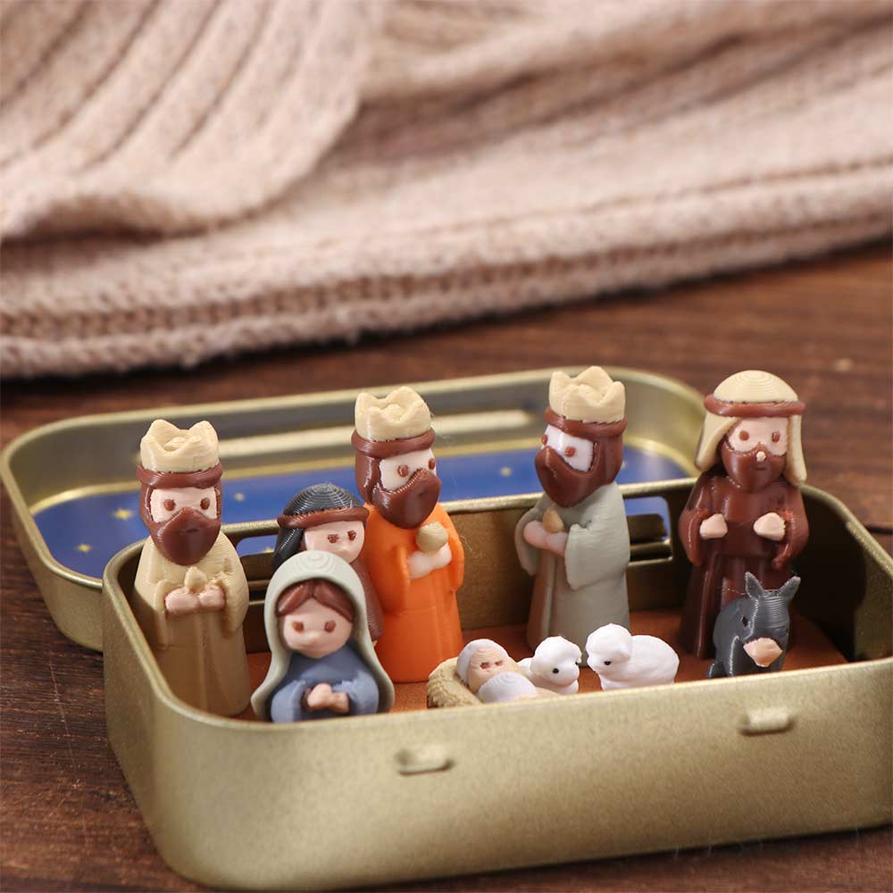 Hand Painted Nativity Manger Scene Kit Metal Tin Box Christmas Figurines Bedside Table