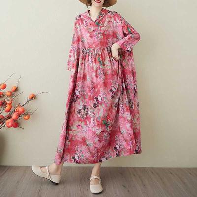 Retro Niche Gentle Wind Yarn Cotton Linen Hooded Printed Dress