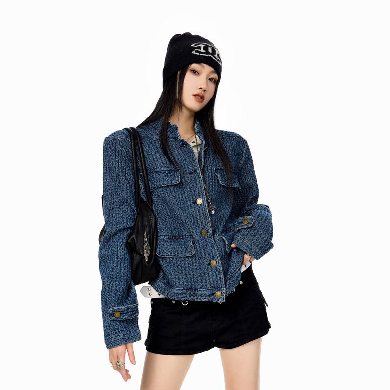 ICH MODE Women's American Style Textured Denim Cardigan Jacket