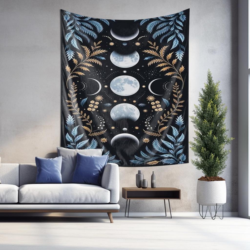 Elegant Blue Leaf Moon Phase Tapestry Perfect Wall Art for Bedroom Living Room  Meditation Space