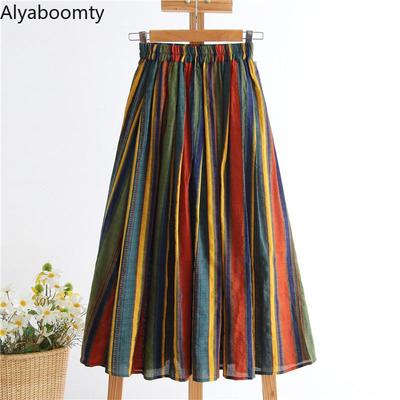 Gonna midi colorata da donna giapponese Mori Girl Gonna a trapezio a righe a vita alta Gonna casual da donna elegante vintage in lino di cotone
