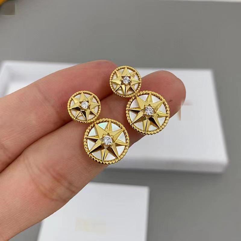 White Mother-of-Pearl Compass Stud Earrings with Zircon Encrusted Eight-Pointed Star