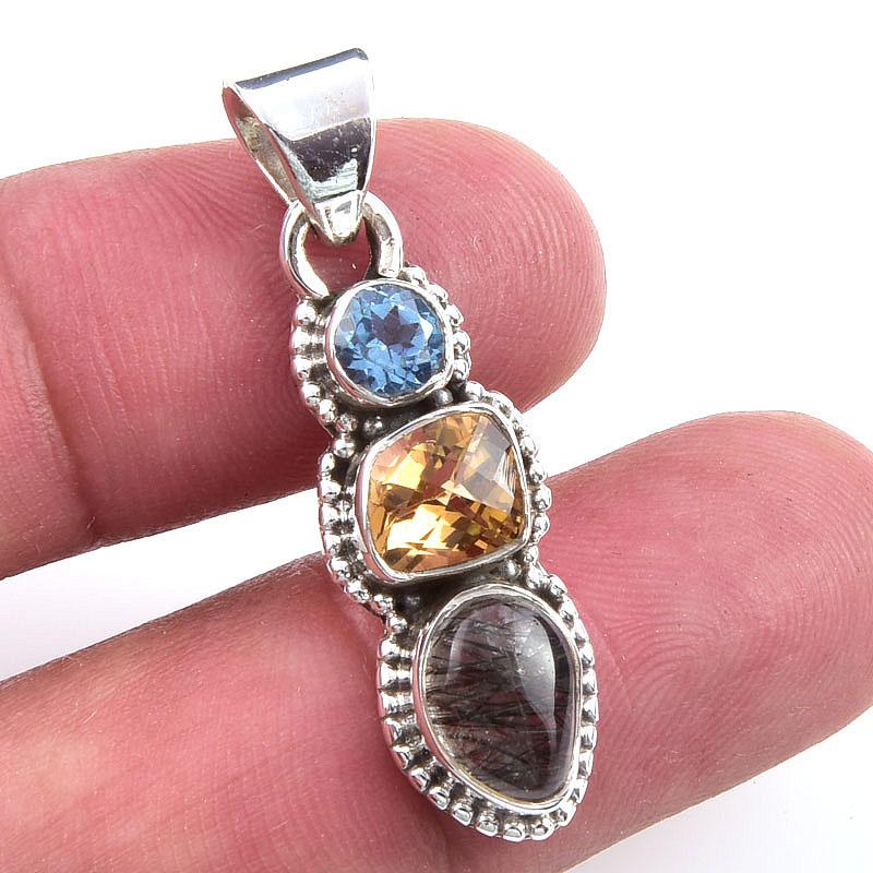 

Natural Black Rutile,Citrine 925 Solid Sterling Silver Gift Pendant 1.50 b9r95