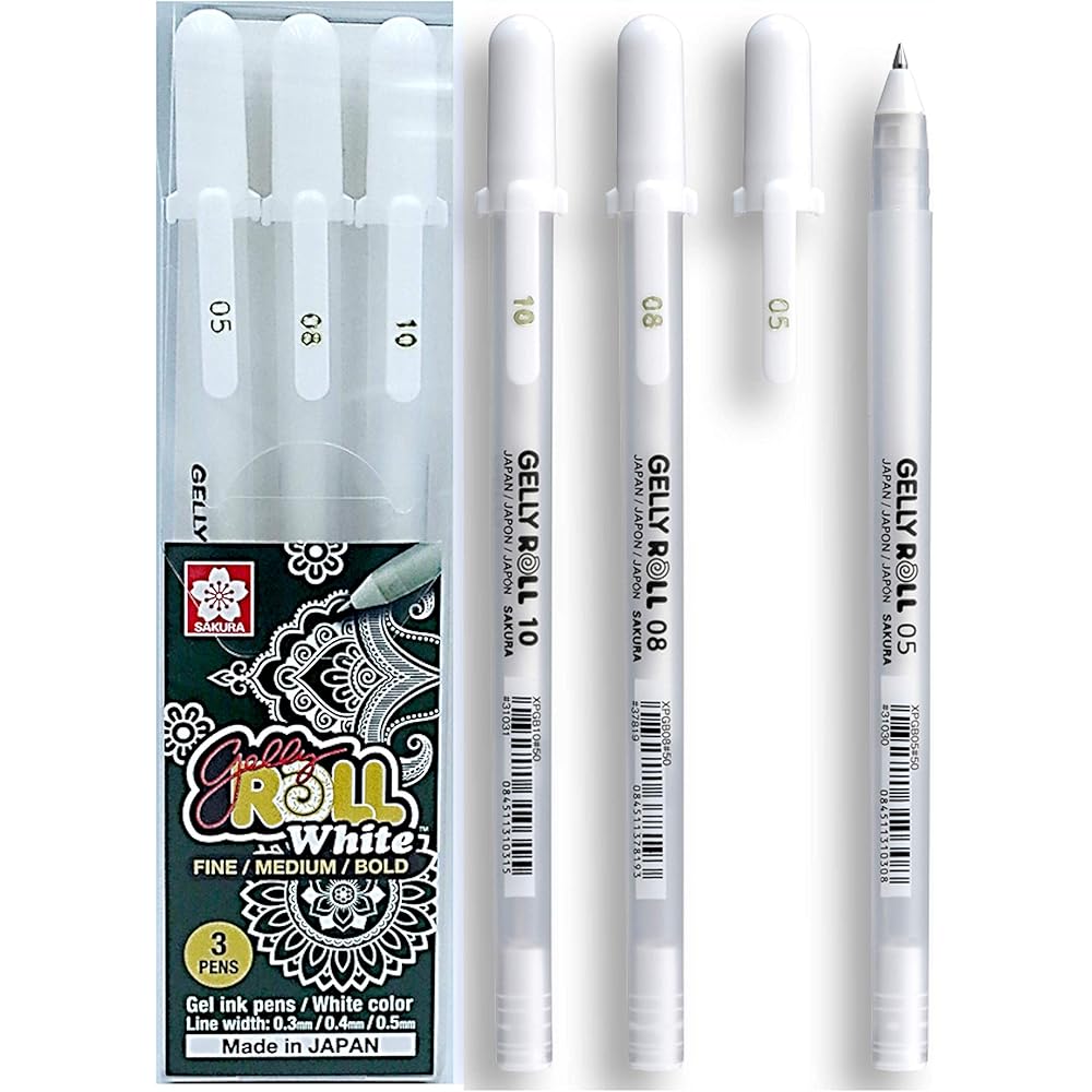 Sakura Gelly Roll Classic White Gel Pens Set 3 Sizes 0.5mm 0.8mm 1.0mm