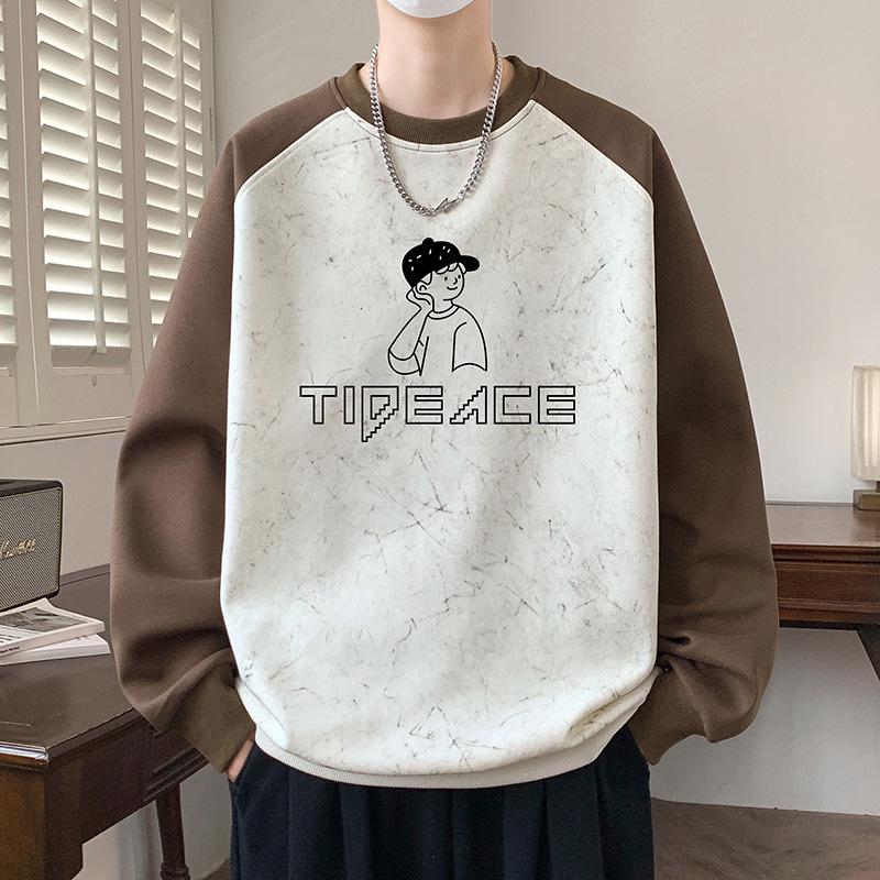 Men s 2025 Autumn/Winter Color Block Velvet Hoodie & Long Sleeve Top XL
