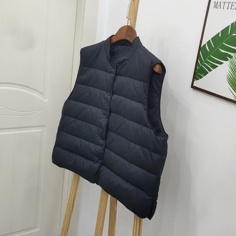 

Женский легкий пуховый жилет 2025: Теплый, Без рукавов, Воротник-стойка, Модный пух белой утки для осени/зимы. L чёрный