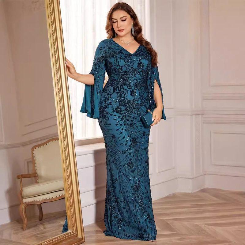 Novo Vestido de Noite Europeu e Americano Plus Size para Mulheres, Elegante Vestido Longo para Banquetes, Vestido Maxi Plus Size