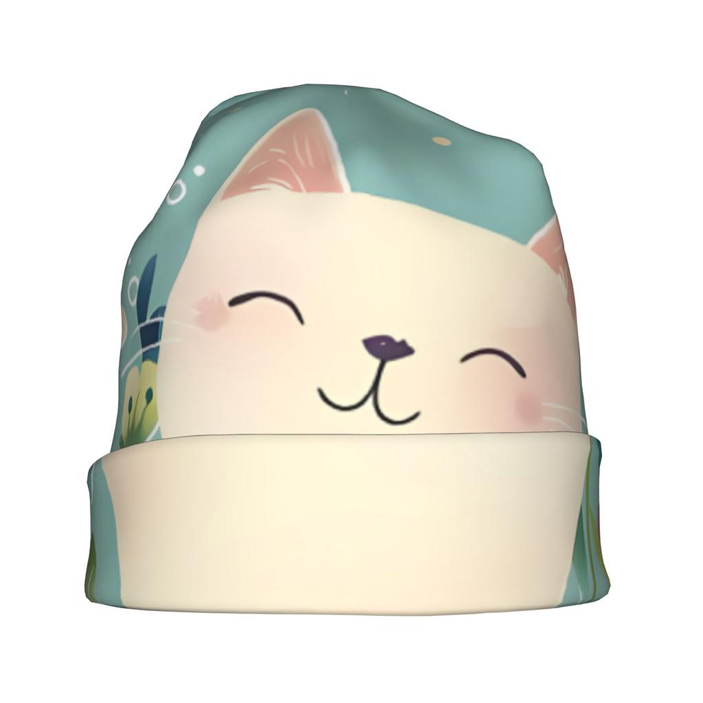 ZLIENSZUS Adult Cat Ear Beanie Hat with 2D Flat Kitten & Flower Print - Urban Fashion Suitable for Layered Outfits, Coffee Walks, Creative Spaces, Lay