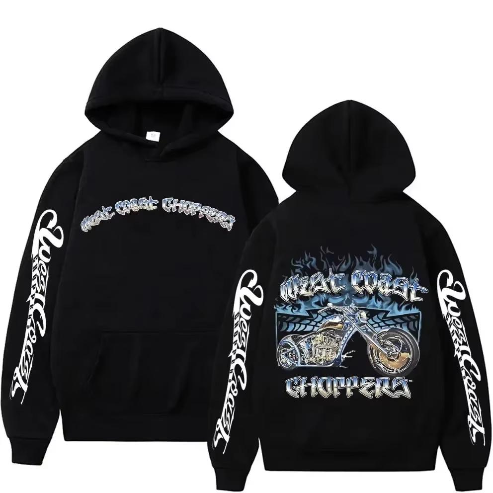 Bluza z nadrukiem logo West Coast Chopper, Męska Vintage Streetwear Unisex Bluza z długim rękawem, Czarny Styl Hooded Top