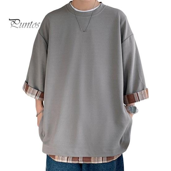 

Летняя мужская футболка с круглым вырезом, свободная, искусственная, из двух частей, средней длины, сплошной цвет, плюс размер, рукава три четверти, уличная одежда, топ на открытом воздухе L серый