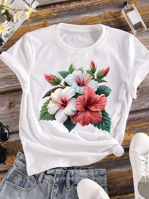 (Asian Size) Short Sleeve T Shirt Women Tee Top Clothing Casual Watercolor Trend  Flower Fashion Print Lady Female Graphic T-shirts