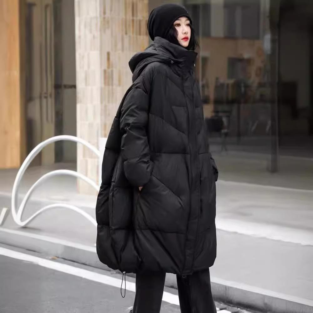 Winter new thickened loose down jacket women's hooded casual large size long knee white duck down jacket