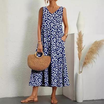 Elegant Vintage Women Summer Dress Comfortable Loose Long Dress with Pocket Harajuku O Neck Short Sleeve Solid Color