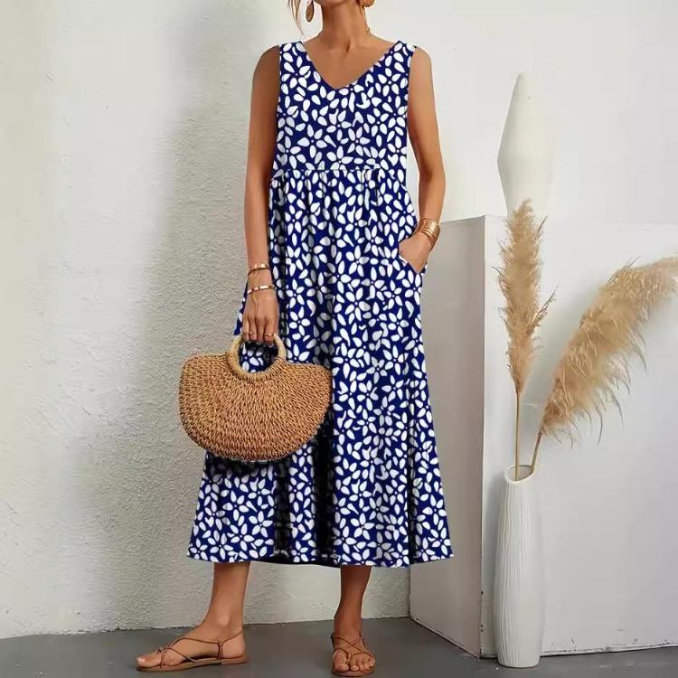 Elegante Vestito Estivo Vintage da Donna Comodo Ampio Lungo con Tasca Harajuku Scollo a O Manica Corta Monocolore