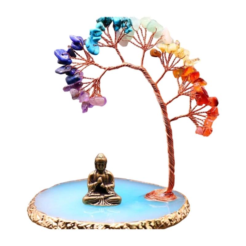 Money Tree Crystal Tree and Buddhas Statue Yogas Meditations Decors for Home Office Shelf Decoration Wealth andLuck