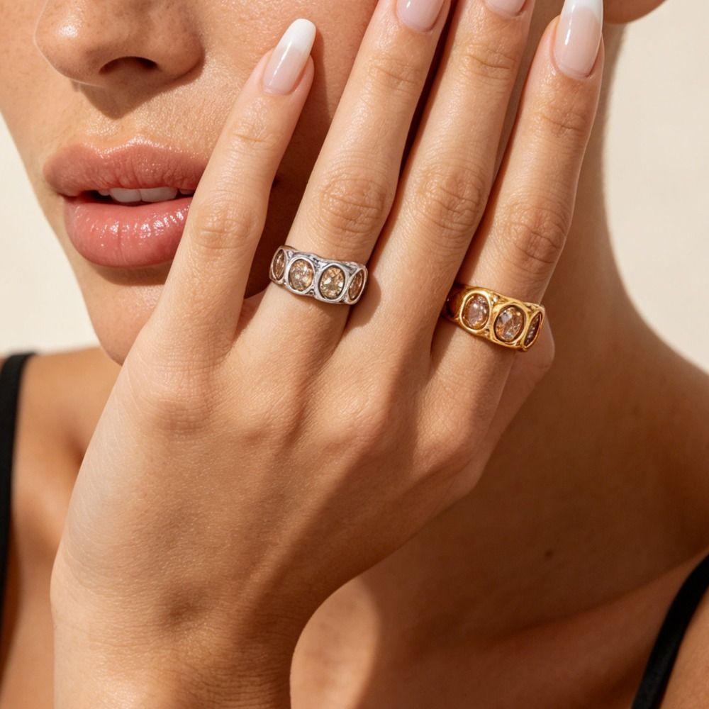 Hammered Finish Oval Zircon Ring Oval Cut Gold Plated Band Elegant Stainless Steel Ring  for Women