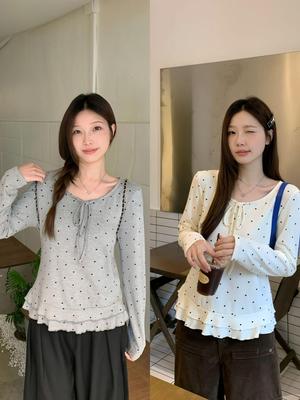 2026 Spring Plus Size Korean Polka Dot Ruffle Top with Bow Detail
