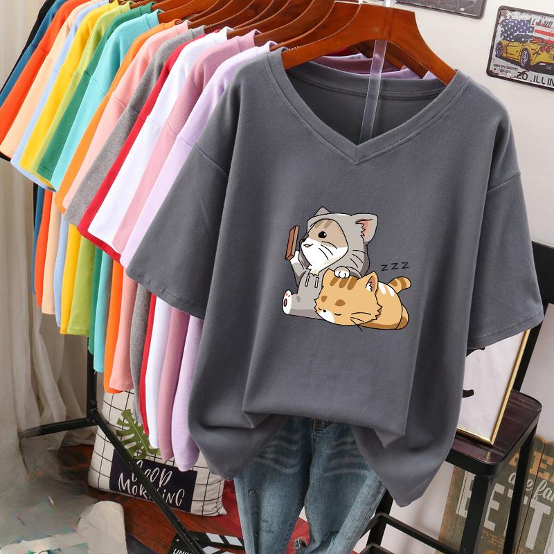 Kurzärmeliges T-Shirt, Locker sitzend, Schlankmachendes bedrucktes V-Ausschnitt-Top für Damen