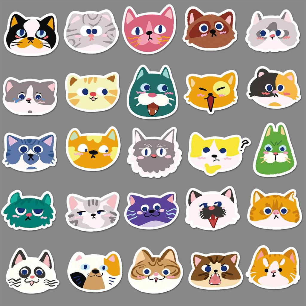 50PCS Cute Cat Head Stickers: Original Cartoon Graffiti Waterproof Decals for Journals and Thermos Cups.