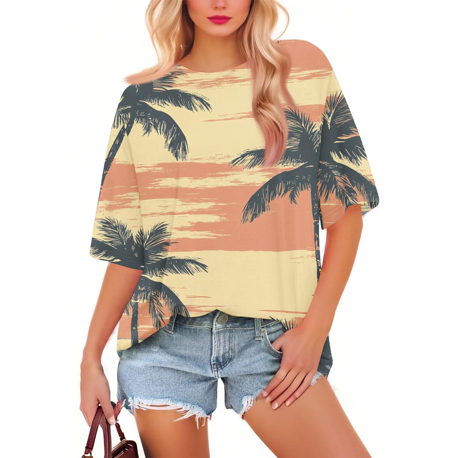

Women s Fashion Casual Floral Loose Round Neck Short Sleeve Trendy Holiday T-shirt Top XL киноварь