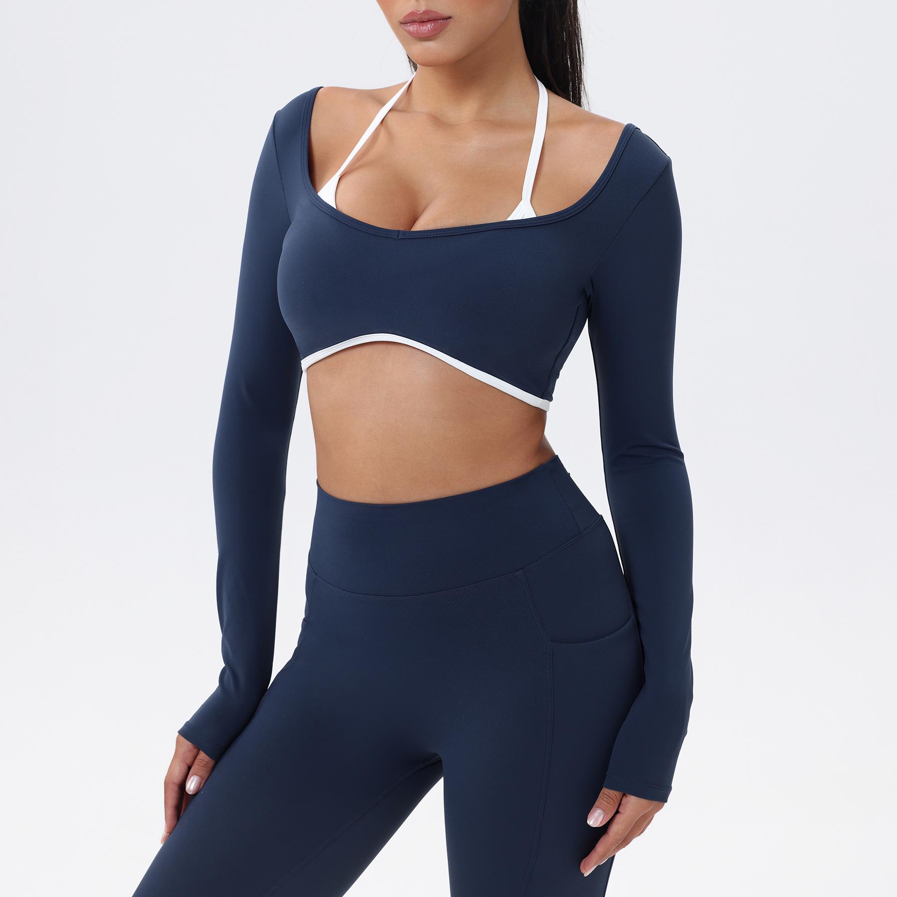 

European-American Contrast Long-Sleeve Quick-Dry Yoga Top with Beautiful Back and Built-in Bra S