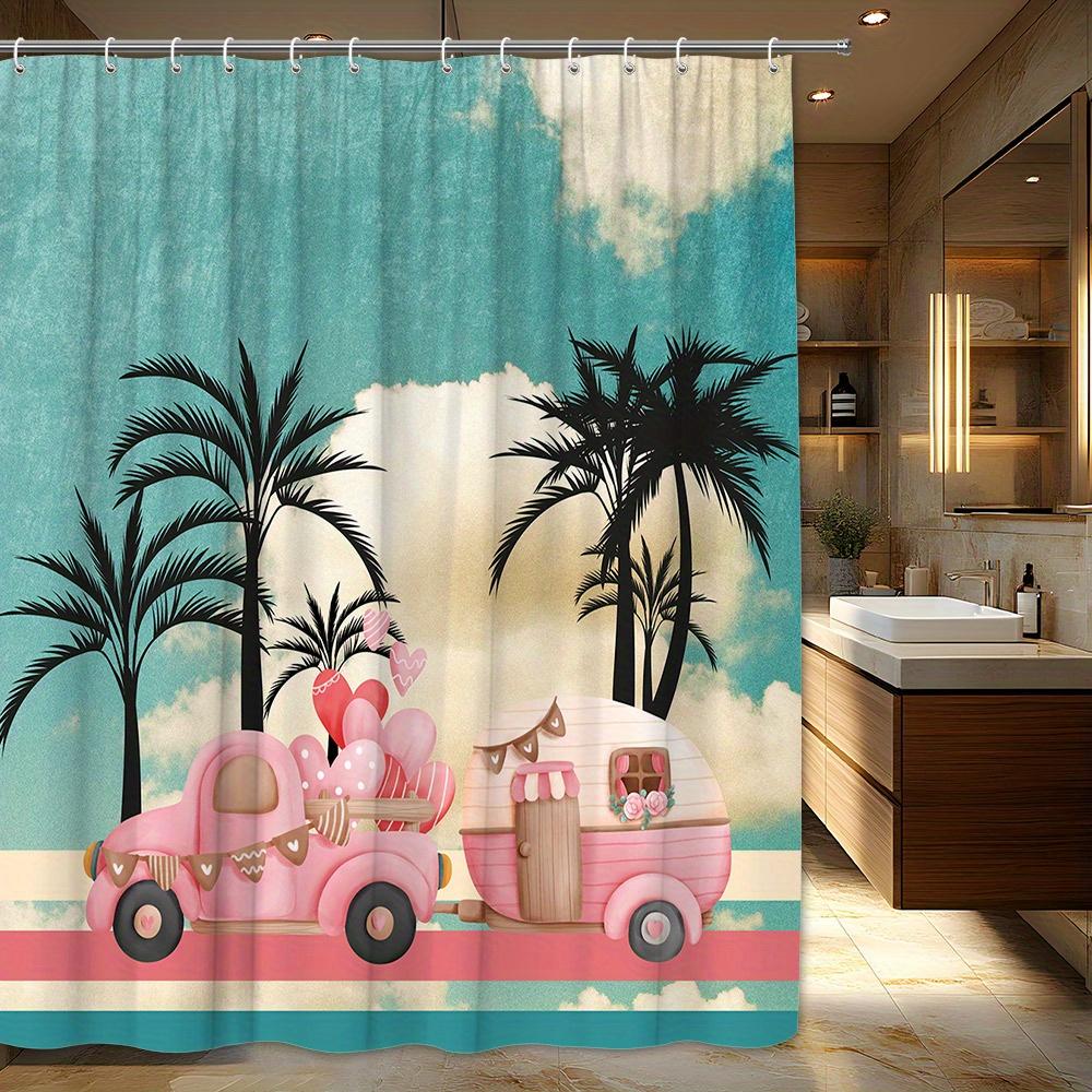 

1Pc Pink Vintage Truck Shower Curtain - Heart-Shaped Trailer, Tropical Retro Design, Polyester, Bathroom Decor W60H190(CM)-1 Pcs