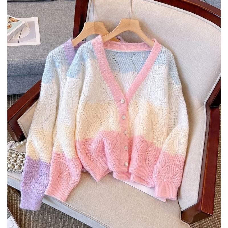 Korean Color Block V-Neck Knit Cardigan - Spring/Autumn Patchwork Sweater Top