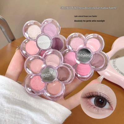 SHAQINUO Pink Cherry Bouncing Eyeshadow Palette: 6-Color Set with Pearlescent Highlight and Long-Lasting Powder.
