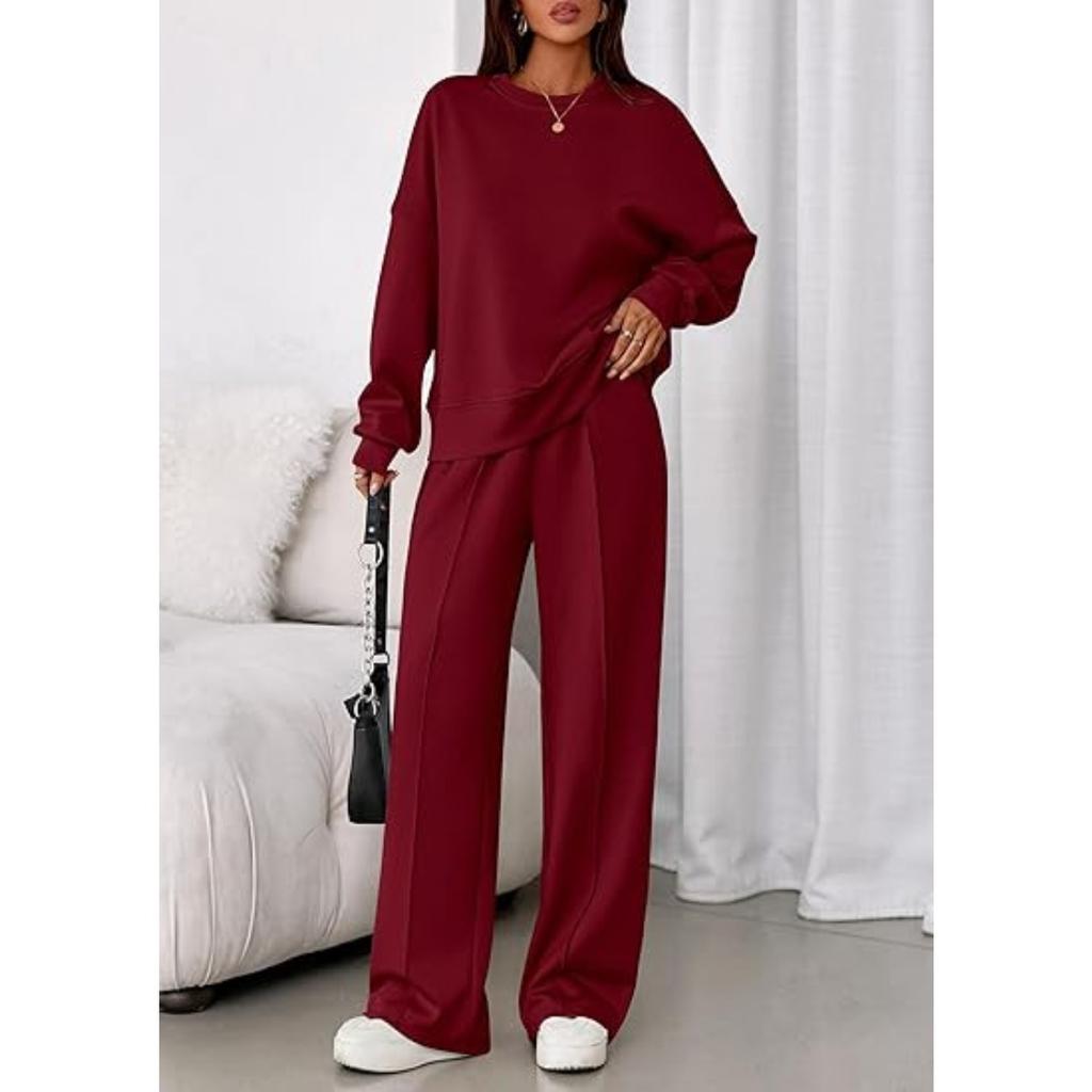 Women's Crew Neck Long Sleeve Loose Fit Sweatshirt and Elastic Waist Wide Leg Pants Two Piece Tracksuit
