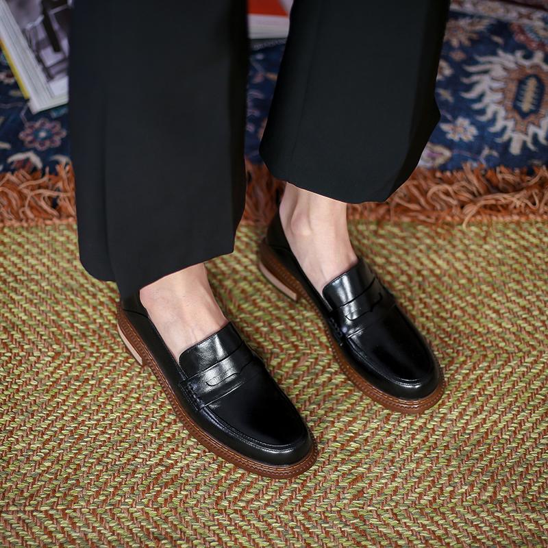 New Butter Leather Women 'S Shoes Fashion Handmade Loafers Round Toe Thick Heel Slip -On Pumps Shoes For Women British Style
