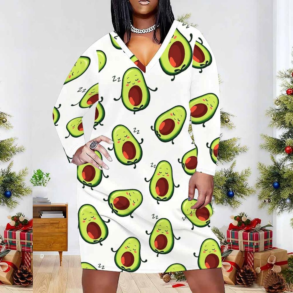 Women Plus Size V Neck Long Sleeve Gradient Printed Fitted Midi Dress