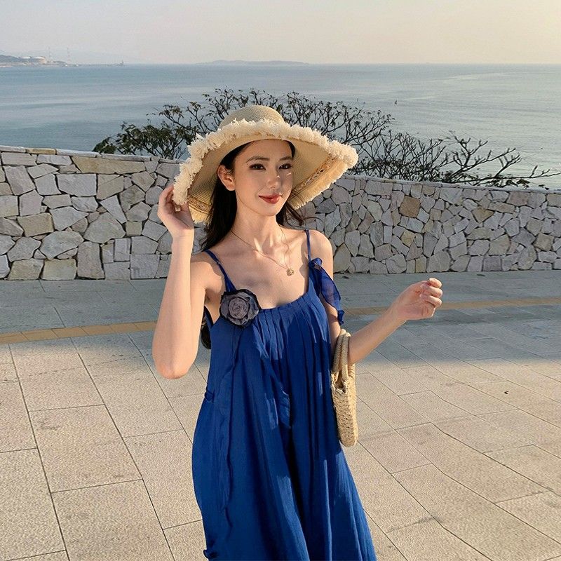 French high-end blue suspender dress children s spring and summer new Sanya seaside vacation temperament dress S