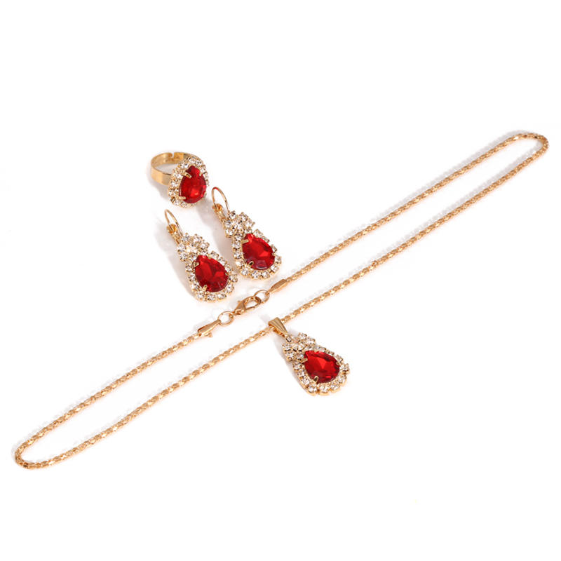 Fashion Women Water Drops Coloured Water Drill Necklace Earrings Ring Set Shining Bride Jewelry