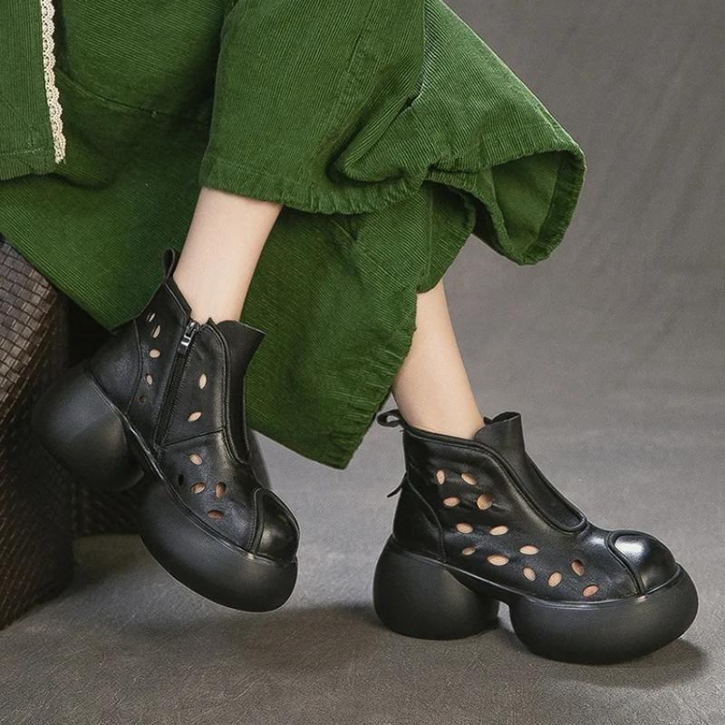 Johnature Genuine Leather Round Toe Hollow-out Thick Soled Boots Retro High Heels Women's Platform Shoes