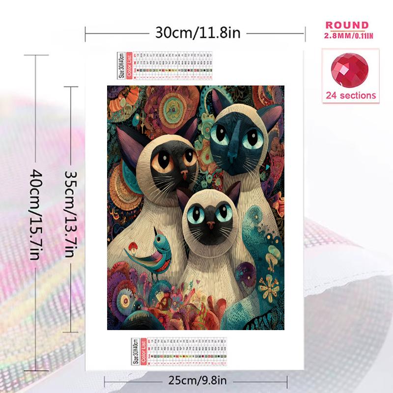 Colorful Siamese cat Pattern 3pcs 100% Round Full Drill 5D DIY Diamond Painting Embroidery Cross Stitch Rhinestone Décor