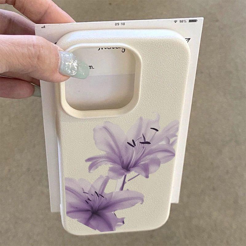 Purple Lily Flower Pattern Lychee Texture Silicone Phone Case For iPhone 11 12 13 14 15 16 17 Pro Max 14 Plus 17Air Soft Cover