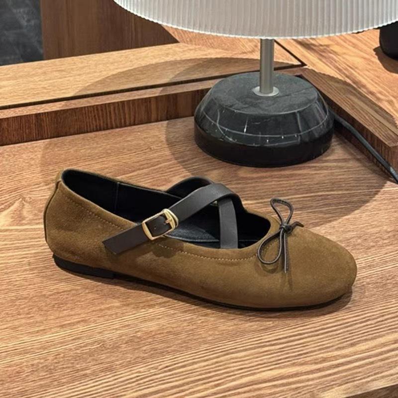 Cross Buckle Shallow Mouth Flat Bottom Mary Jane New Vintage Suede Round Head Bow Single Shoes Women