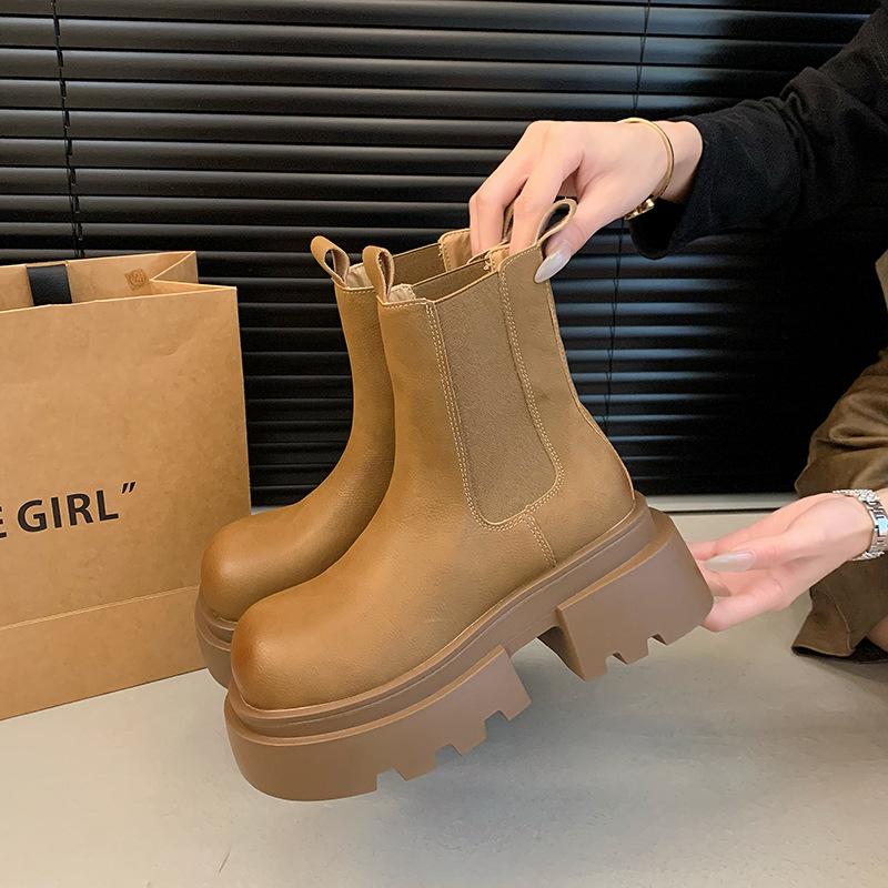 Thick Soled Black Chelsea Short Boots with Sleeves British Style Martin Boots Women's Shoes New Mid Pipe Chimney Boots