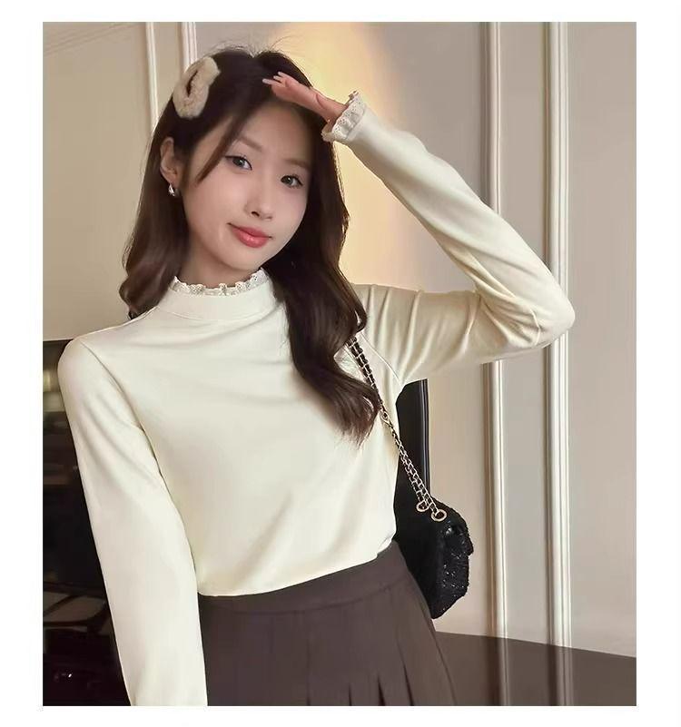 Women's Long Sleeve Fleece Lace Patchwork Slimming Base Layer Top for 2026 Autumn/Winter