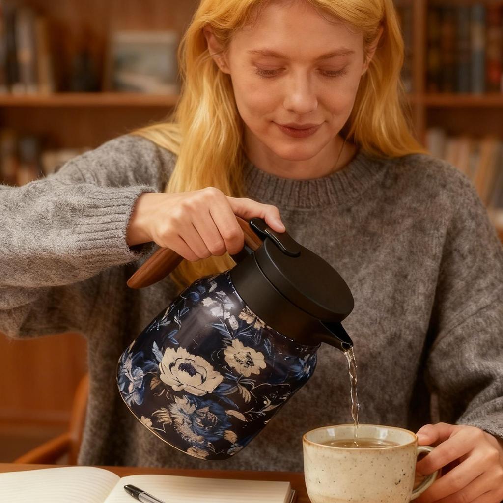 1000ml Vintage Floral Tea Thermos Stainless Steel Tea Kettle Water Bottle Floral Pattern Teapot Drip-Proof Tea Pot With Infuser