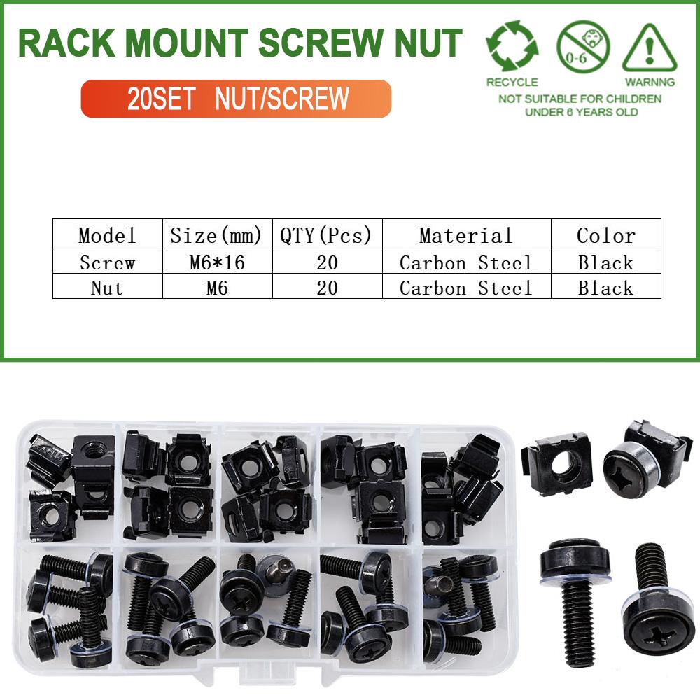 M6x16mm M6x20mm Black Carbon Steel Screw Nut Set For Rack Mount Server Cabinet Shelves Phillips Bolt Cage Nuts Kit 20Set M5 M6