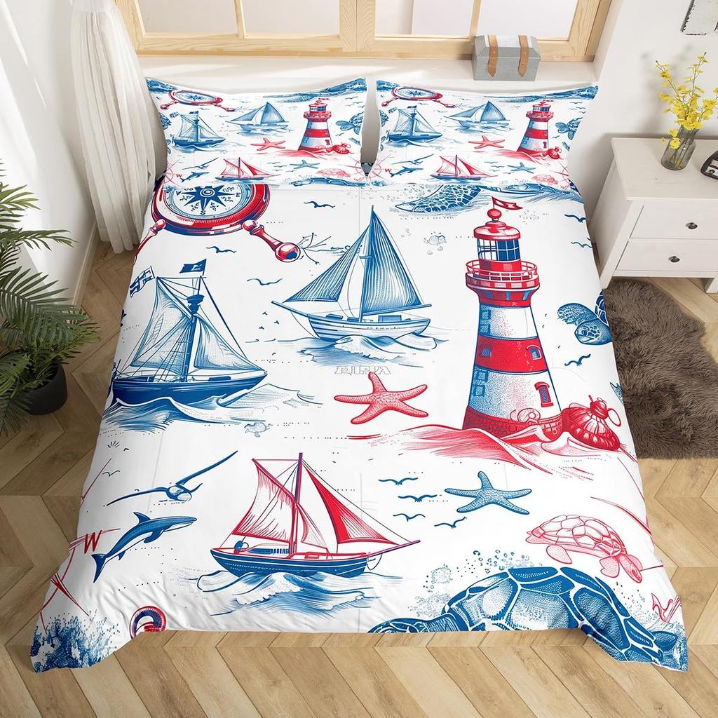 Maritimt påslakan Segelbåt Fyr Påslakan Akvarell Havstema Sängkläder Sommar Strand Polyester Täckeöverdrag