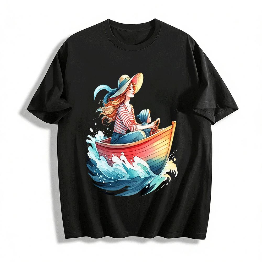 Mom And Kid Boating Time Printed Casual Top Pure cotton T-shirt XXS