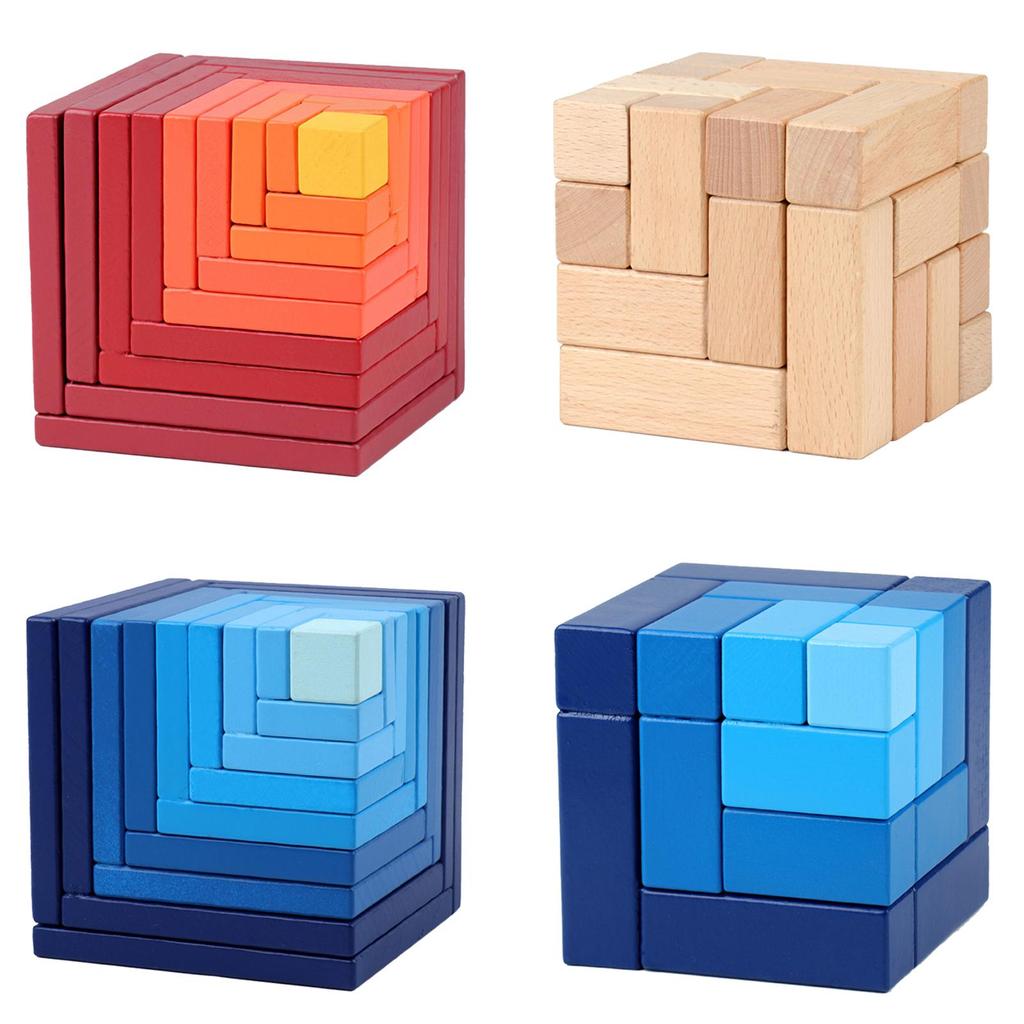 Wood Building Blocks Educational Bricks Montessori Developing Brain Teaser Toy
