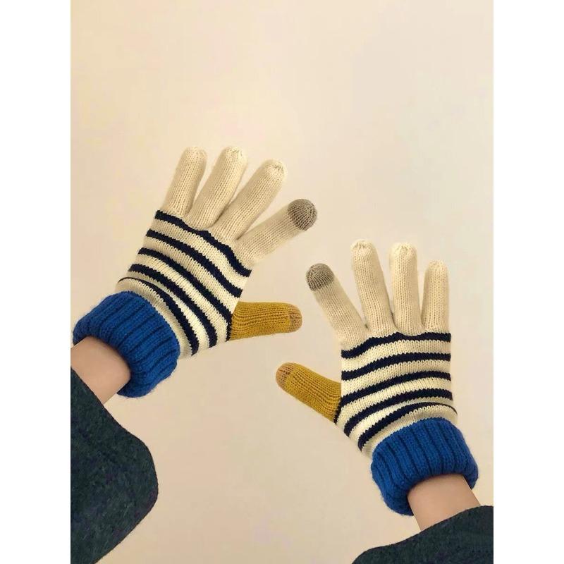 Winter Fleece and Thickened Touch Screen Color Blocking Striped Gloves for Girls Korean Version Instagram Cute Student Cycling Warm Gloves