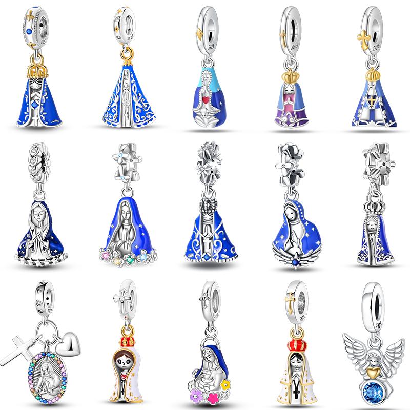925 Silver Nossa Senhora Aparecida Dangle Cross Charms Pendants Fit Qikaola Bracelets DIY Jewelry For Women